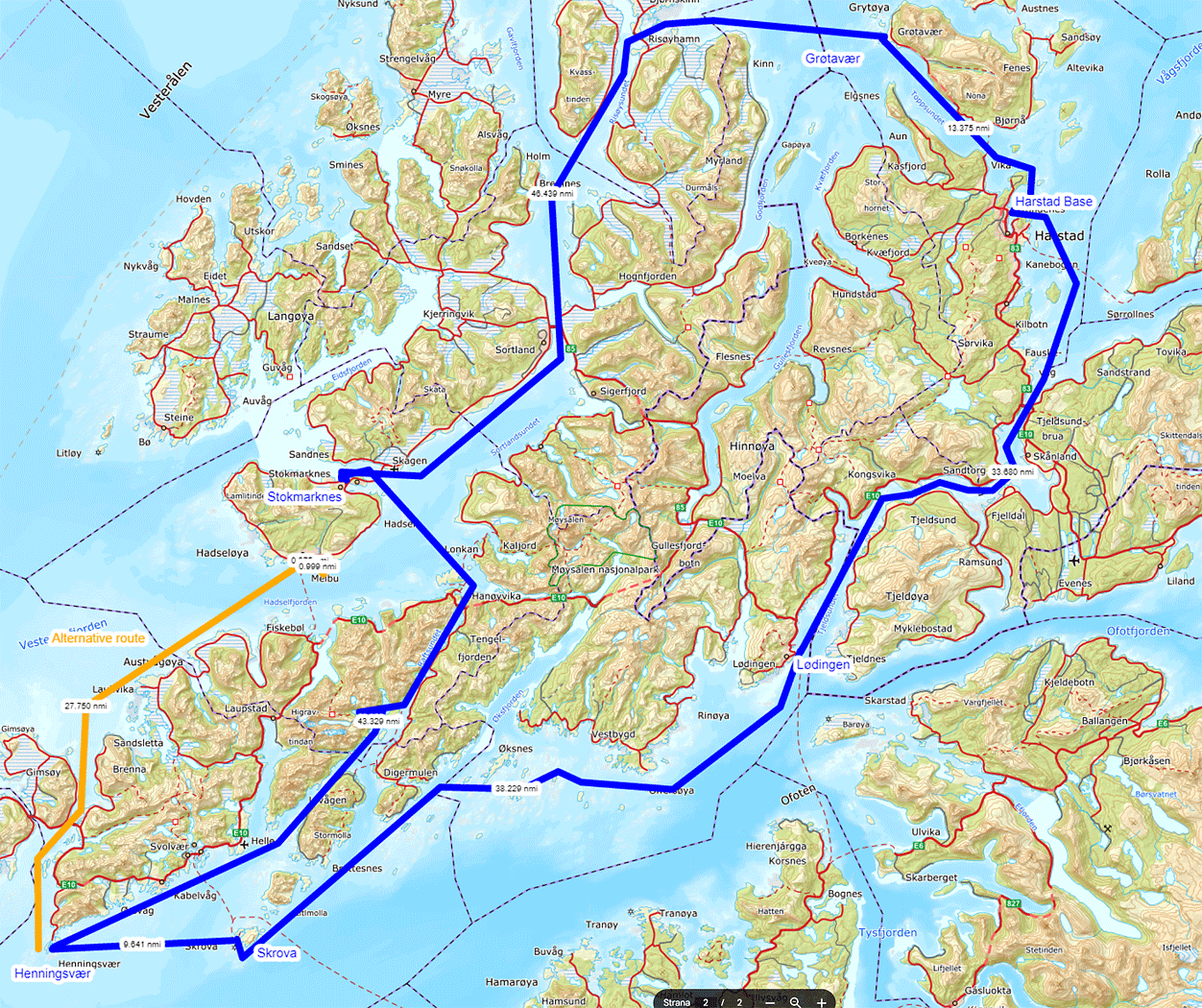 Mapa flotilové plavby v Norsku